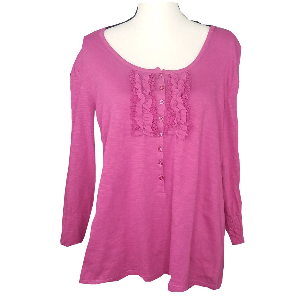Bass Top Womens XL Roll Tab Sleeve Tee Brocade Ruffle Cotton Pink MSRP $48 NEW